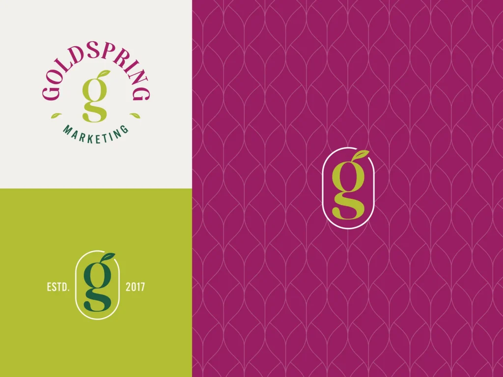 GoldSpring Marketing brand identity: circular badge logo, "Estd. 2017" monogram on lime green, and the leaf monogram on a magenta leaf-pattern background.