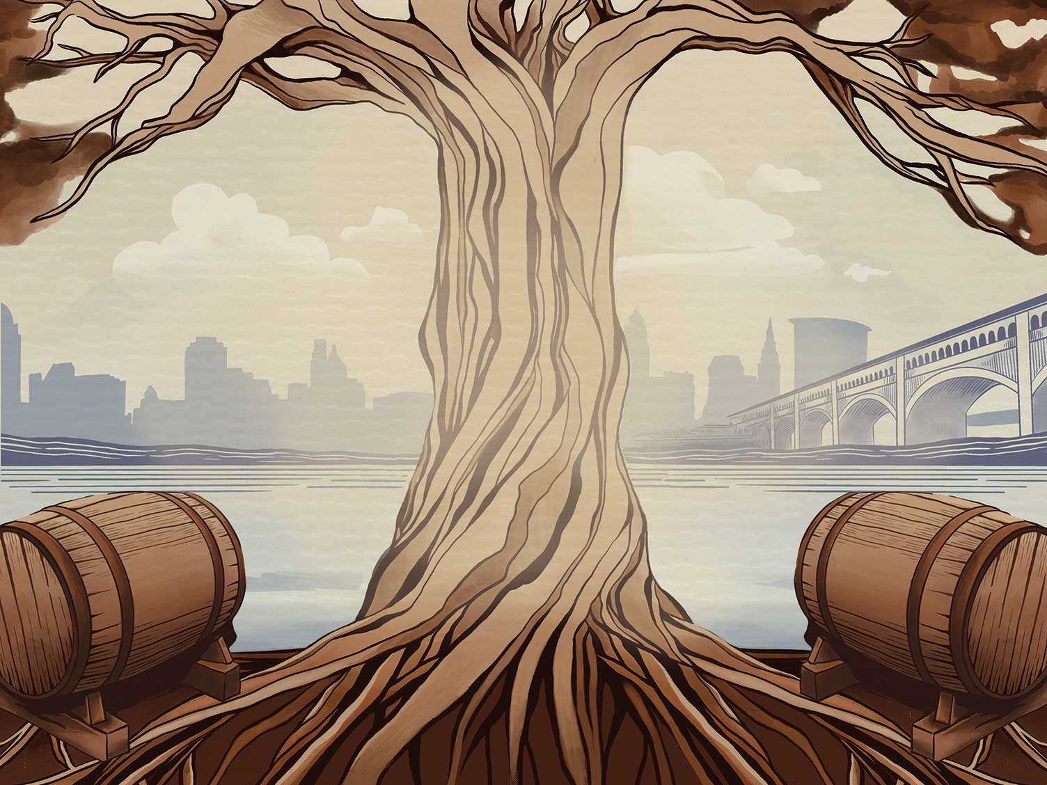 Illustration of a tree and two whiskey barrels