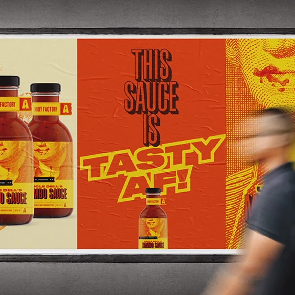 Andy Factory: Bold marketing materials and bold sauce label design for Andy Factory, featuring high-energy typography and red-and-yellow colors.
