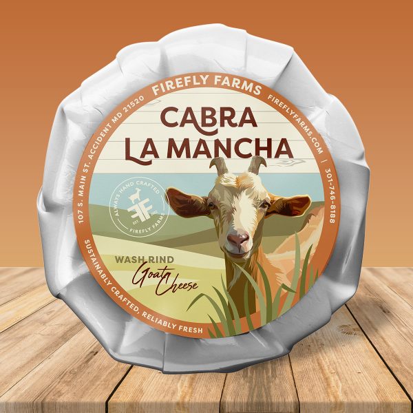 Firefly Farms: Artisan cheese label design for Firefly Farms' Cabra La Mancha, featuring a custom goat illustration.