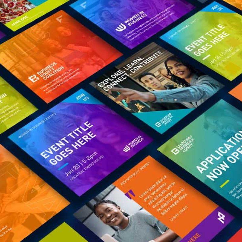 Department Identities: A grid of colorful social media graphics and department identities created for the Frederick County Chamber of Commerce.