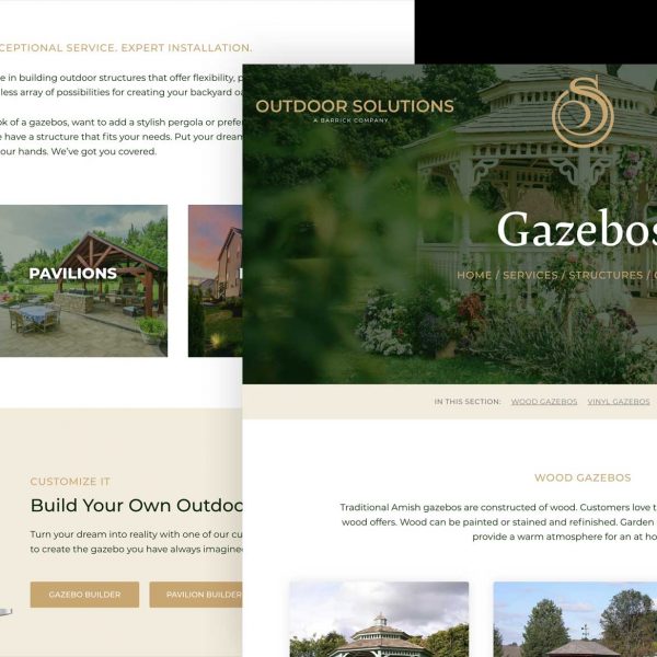 Landscaping Web Design: Responsive website redesign for a landscaping company showing a multi-page layout with garden and gazebo imagery.