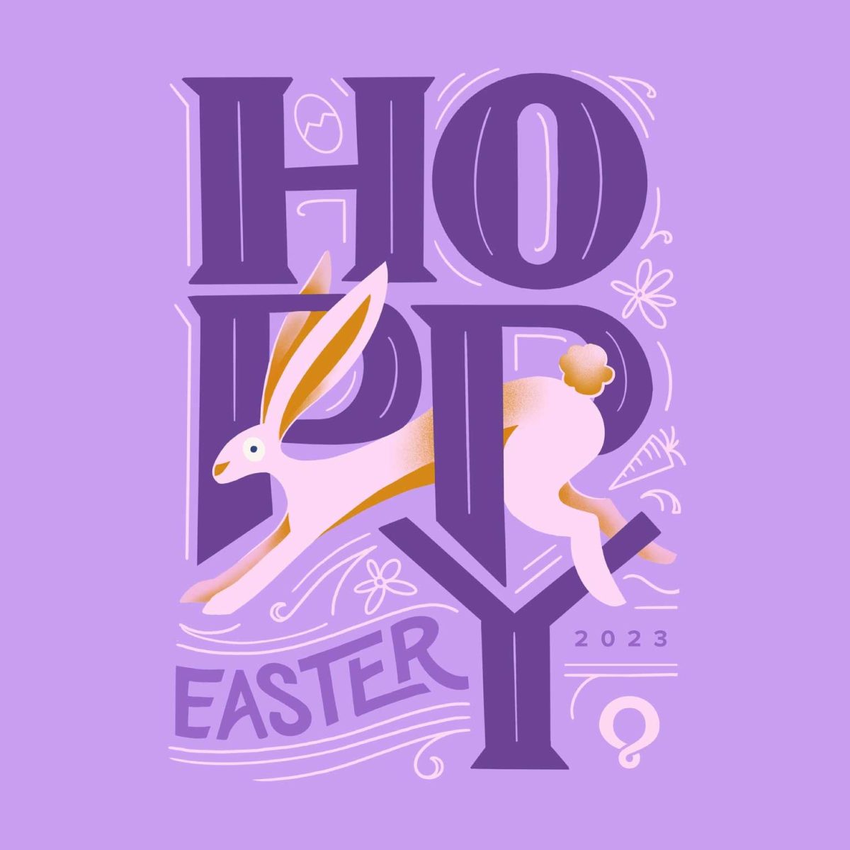 Hand illustrated text that reads "Hoppy Easter" with a rabbit intertwined with the two P's in Hoppy.
