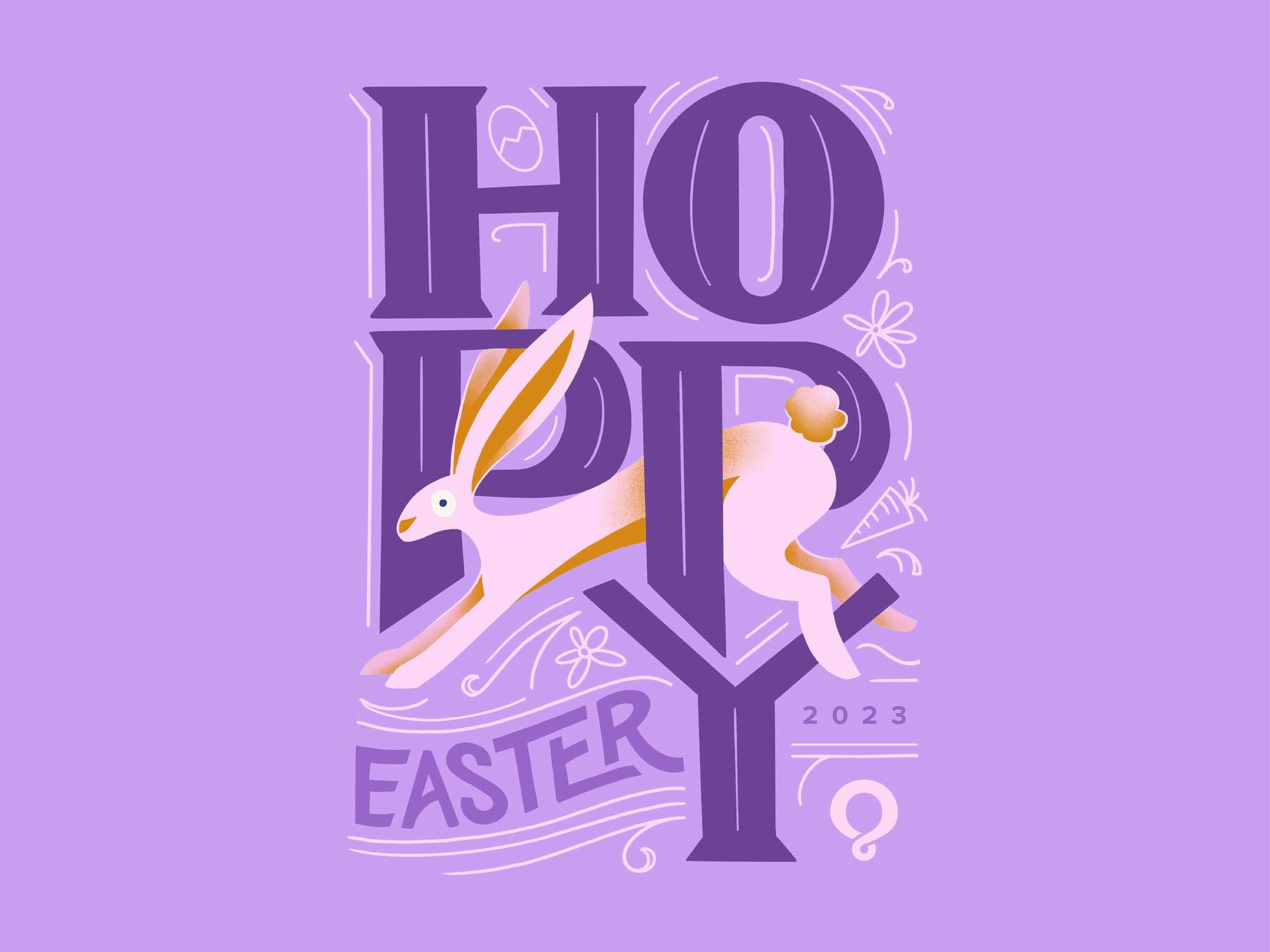 Hand illustrated text that reads "Hoppy Easter" with a rabbit intertwined with the two P's in Hoppy.